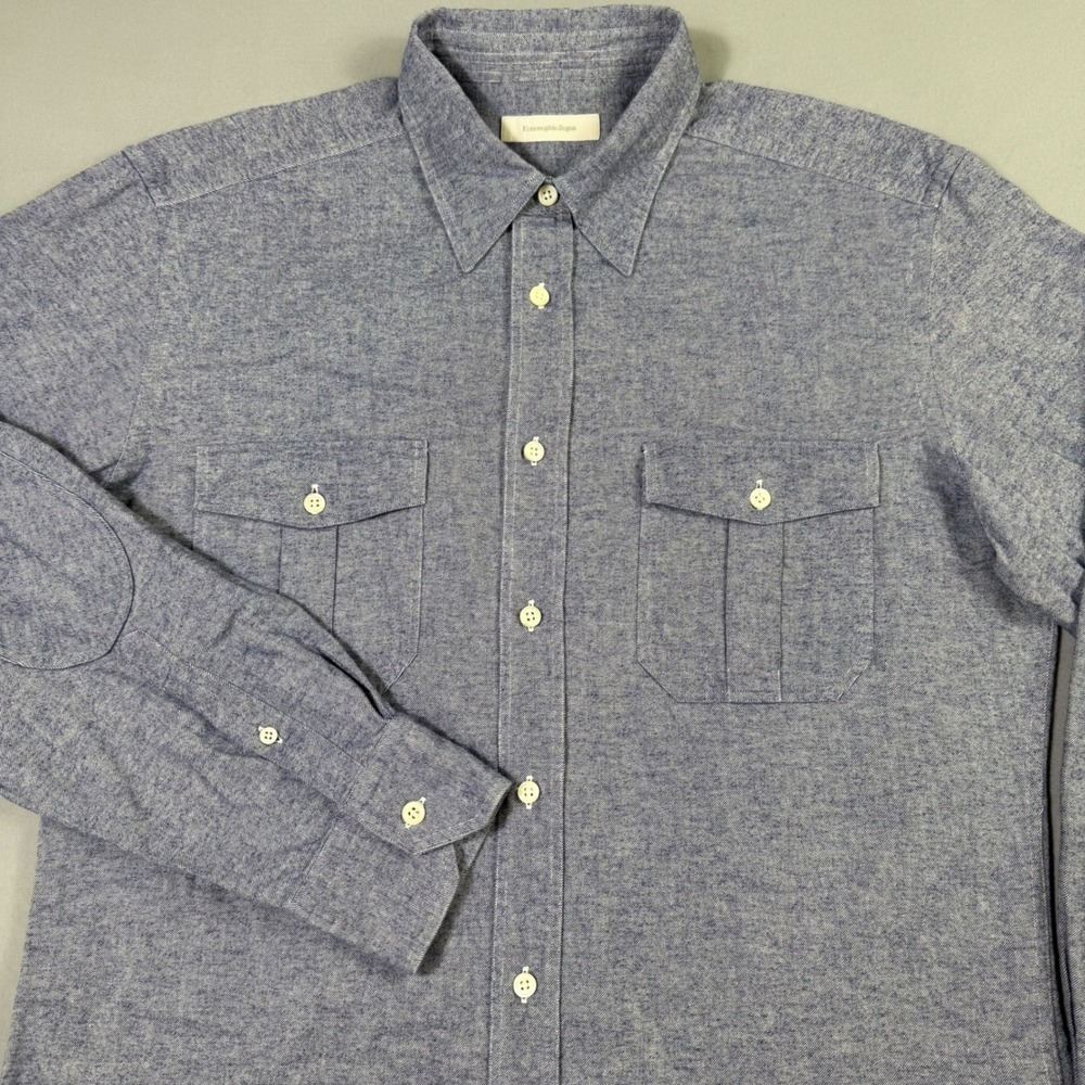 Ermenegildo Zegna Button Shirt Mens XL Blue Elbow Patch Brushed Cotton Flannel